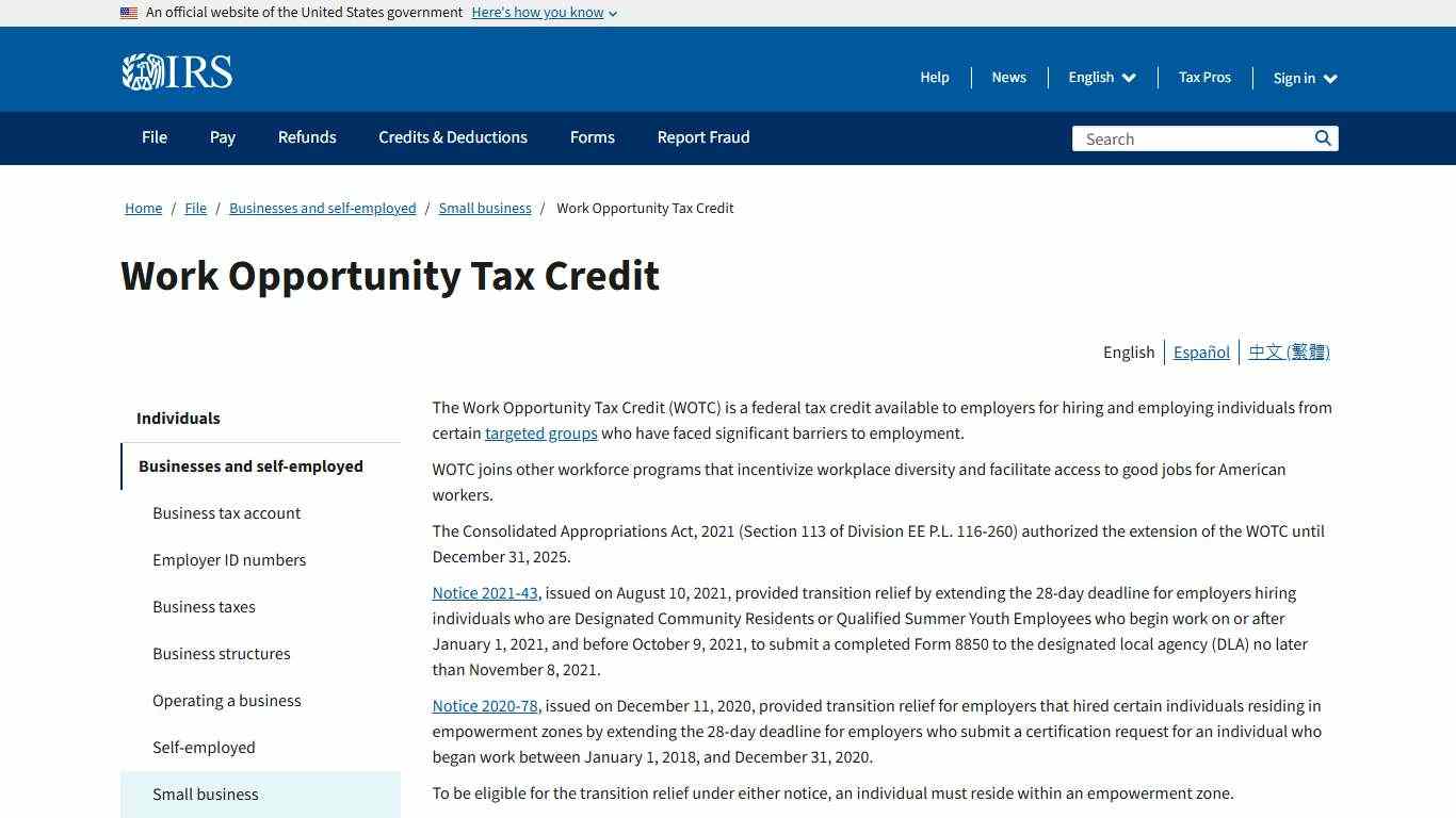 Work Opportunity Tax Credit | Internal Revenue Service